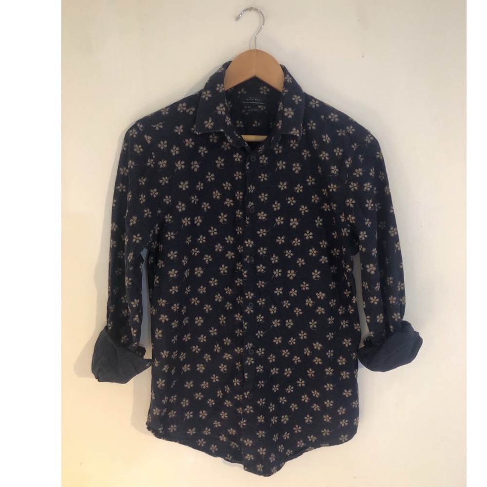 Zara Man Basic Button Down Slim Fit Charcoal Prin… - image 2